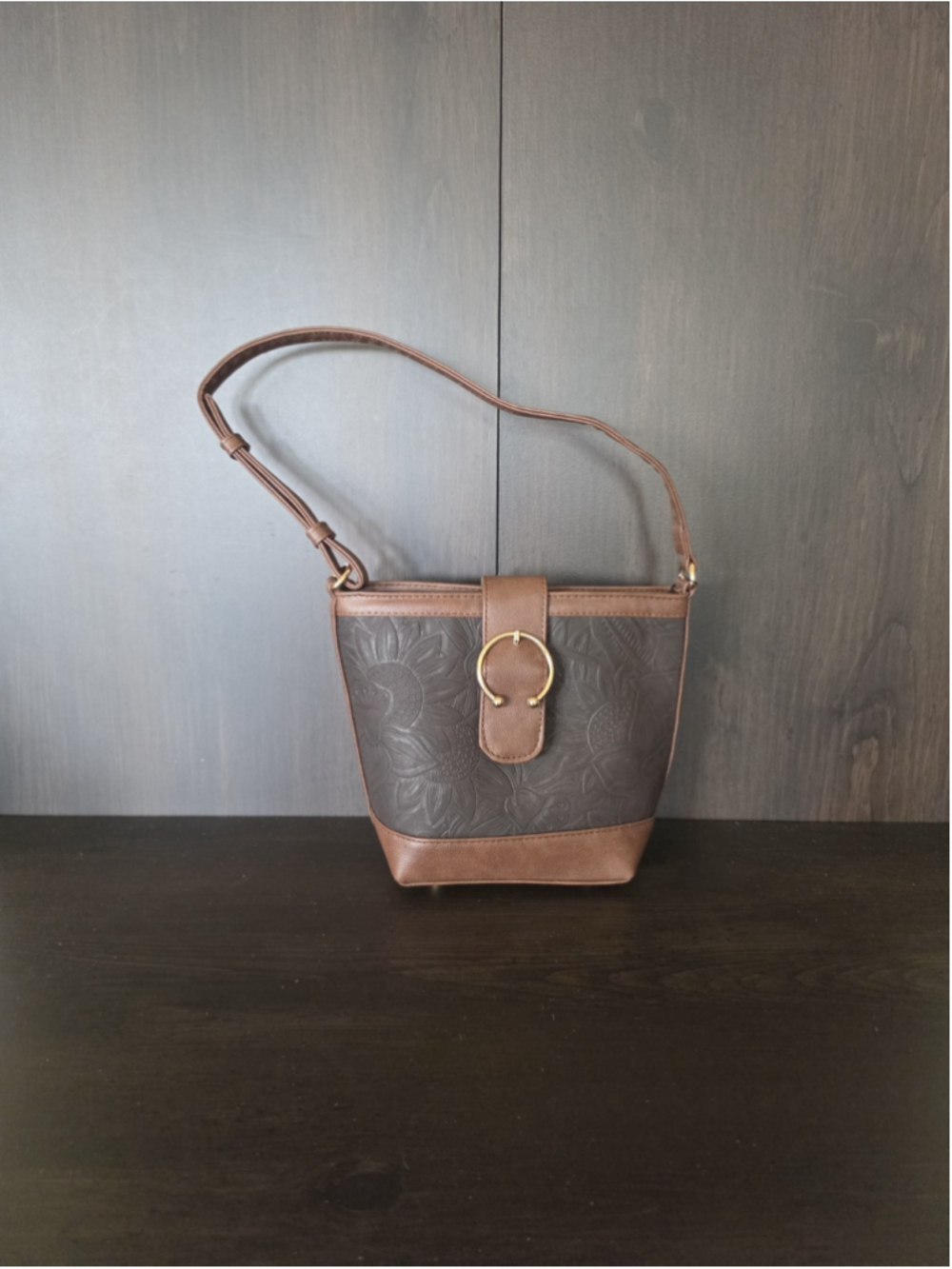 Buckle Dark Brown Floral Embossed Tooled Artisan LEATHER Shoulder Bucket Bag - Picture 3 of 16